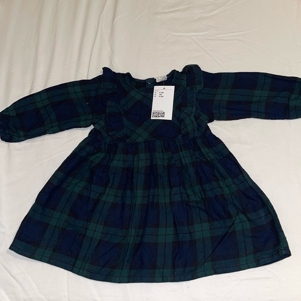 H&M 9-12 month Blue green and black plaid holiday dress.